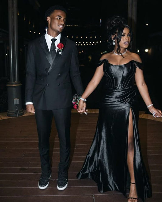Classy Mermaid Off The Shoulder Black Satin Split Black Girl Long Slit Prom Dresses Party Dress Birthday Outfits Graduation Dresses W0435