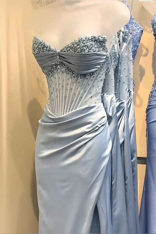 Vestido de fiesta largo vintage de sirena con escote corazón, de satén azul cielo claro, sin mangas, con abertura para cumpleaños, vestidos de graduación W0436