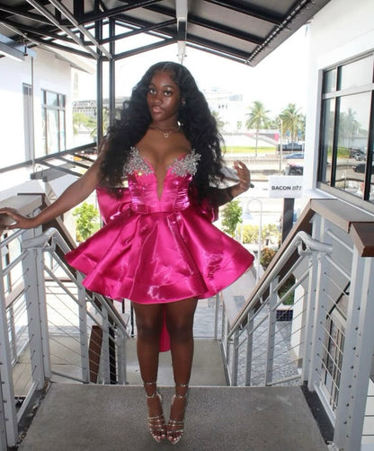 Elegante vestido de fiesta sin tirantes negro para niña, vestidos de cumpleaños de verano para adolescentes, vestido rosa Hoco, minivestido para cumpleaños número 18, vestidos de cóctel W0485