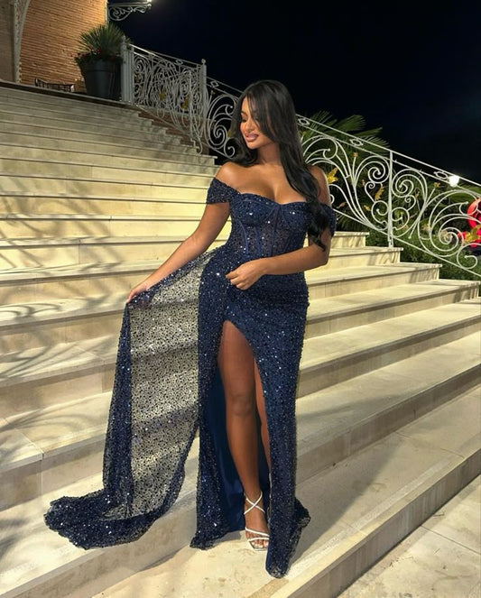 Vestido largo de sirena con hombros descubiertos, elegante, azul marino, con lentejuelas y escote en V, para fiesta de graduación, cumpleaños, W0507