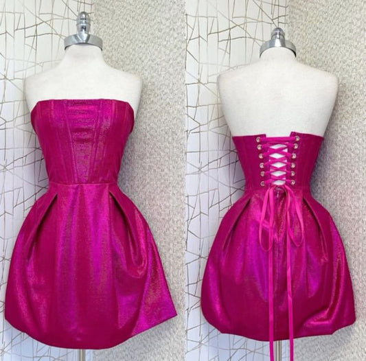 Elegante vestido de fiesta sin tirantes, vestido de cumpleaños de verano para adolescentes, vestido de fiesta rosa intenso con lentejuelas, minivestido para cumpleaños número 18, vestidos de cóctel W0519