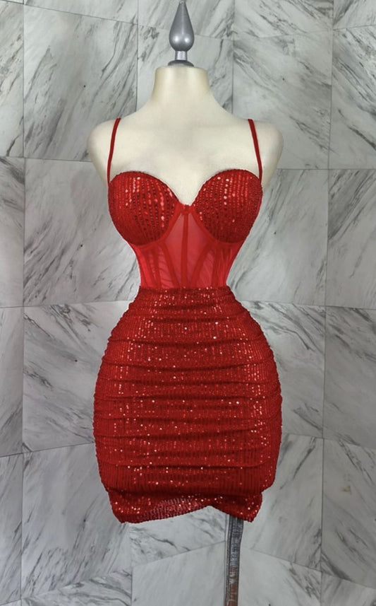Vestido corto de verano rojo con tirantes finos y lentejuelas para 18.º cumpleaños, minivestido de cóctel para 21.º cumpleaños, W0521