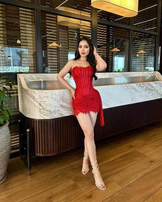 Vestido corto de verano con encaje rojo, sin tirantes y corte tubo para 18 cumpleaños, minivestido para 21 cumpleaños, vestido de cóctel W0523