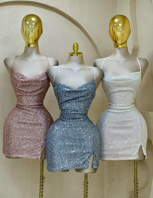 Vestido corto de verano con tirantes finos y lentejuelas para 18.º cumpleaños, minivestido de cóctel para 21.º cumpleaños, W0524