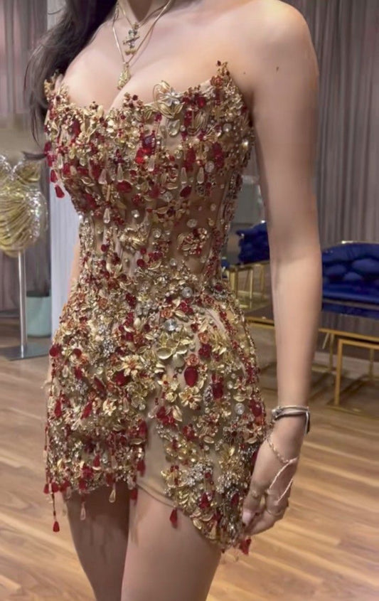 Hermoso vestido de verano con escote en forma de corazón y cuentas para adolescentes, vestido Hoco, minivestido dorado para cumpleaños número 18, vestidos de cóctel W0532