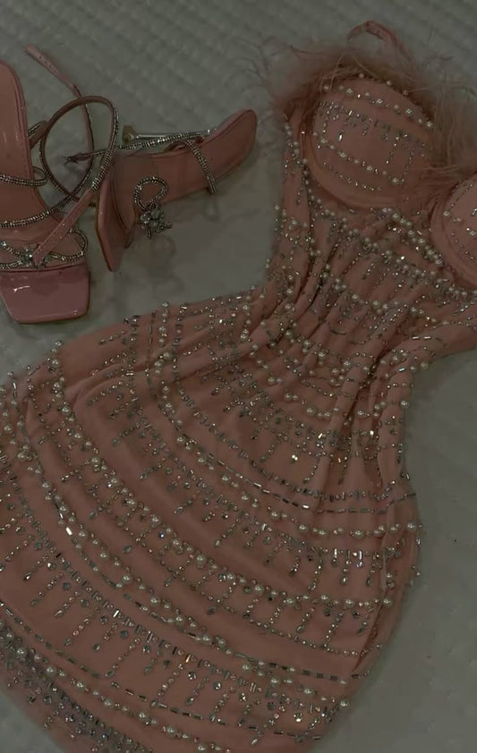 Vestidos de verano para adolescentes de 16 años con tirantes finos y cuentas plateadas rosas. Vestido mini para cumpleaños número 18, vestido de cóctel dorado para mujer W0534.