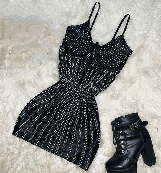 Vestido corto de verano para adolescentes, con tirantes finos, cuentas negras y plateadas, para 16 cumpleaños, ideal para cócteles, W0535