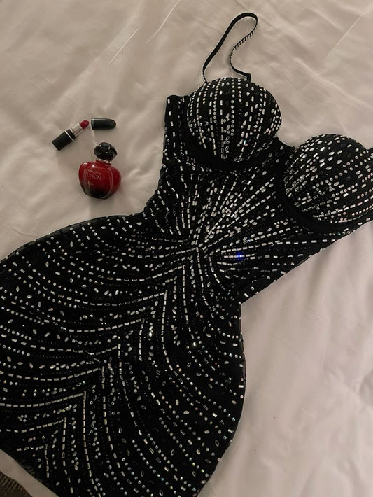 Vestido corto de verano para adolescentes, con tirantes finos y cuentas plateadas y negras, ideal para cumpleaños número 16, ideal para cócteles, W0536