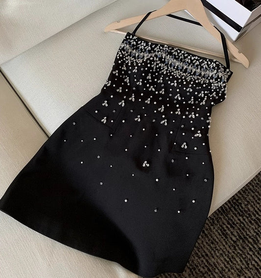 Hermoso vestido de verano para adolescentes, con tirantes finos, cuentas negras y plateadas, para 16 cumpleaños, minivestido de fiesta para 18 cumpleaños, vestido de cóctel para mujer W0537