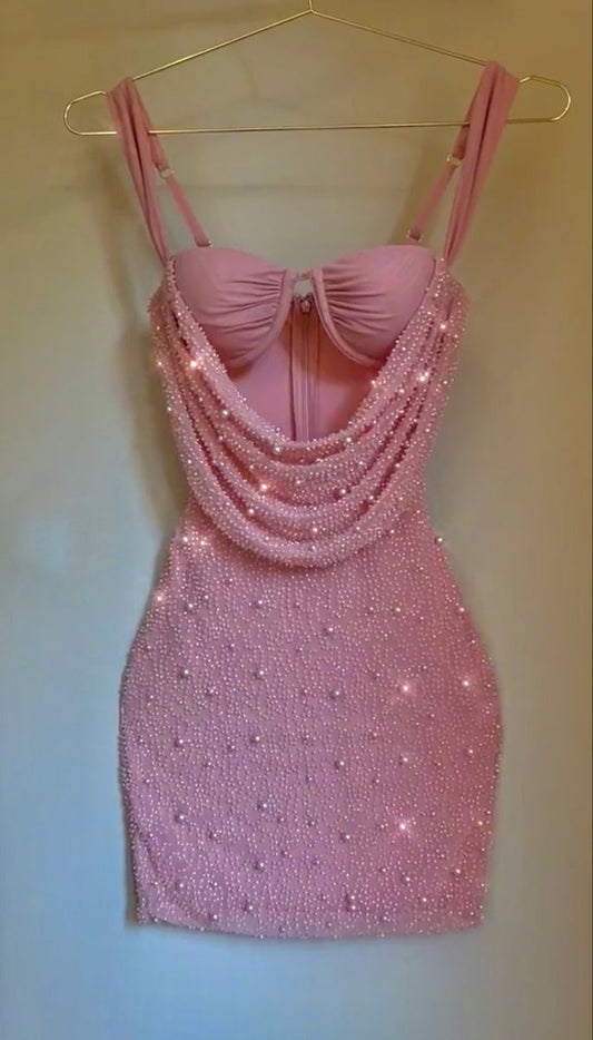 Bonito vestido rosa de verano con tirantes finos para adolescentes, vestido de fiesta para 16 cumpleaños, minivestido para 18 cumpleaños, vestidos de cóctel para mujer W0540