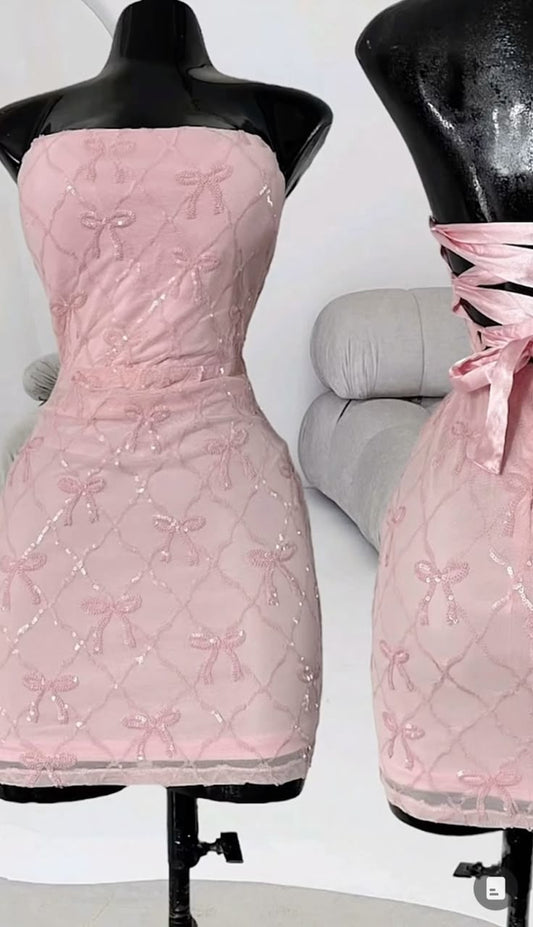 Bonito vestido rosa sin tirantes para adolescentes, vestido de verano para 16 cumpleaños, minivestido para 18 cumpleaños, vestidos de cóctel para mujer W0541