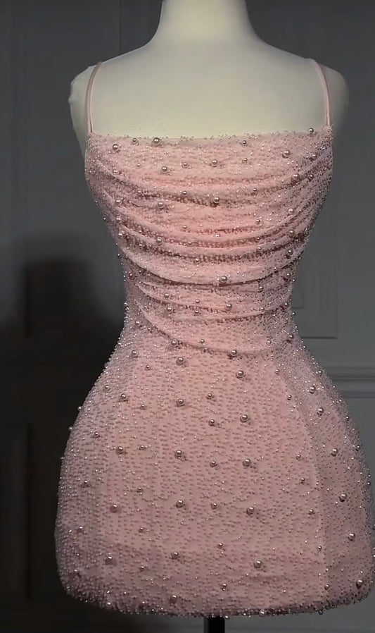 Bonito vestido rosa de verano con tirantes finos para adolescentes, vestido de fiesta para 16 cumpleaños, minivestido para 18 cumpleaños, vestidos de cóctel para mujer W0542