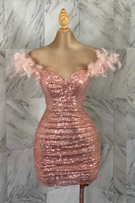 Vestido corto de verano con lentejuelas rosas y hombros descubiertos para adolescentes, ideal para cumpleaños número 16, ideal para cumpleaños número 18, vestido de cóctel W0552