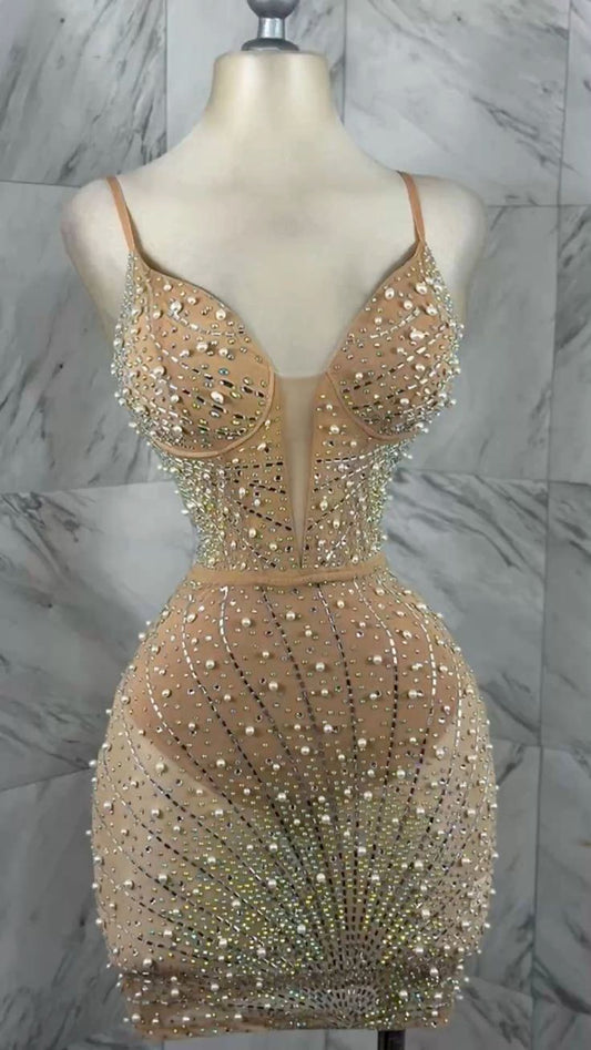 Bonito vestido de verano con tirantes finos color champán para adolescentes, vestido de fiesta para 16 cumpleaños, minivestido para 21 cumpleaños, vestidos de cóctel para mujer W0554