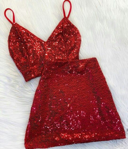 Bonito vestido de verano de 2 piezas con tirantes finos y lentejuelas burdeos para 16 cumpleaños, para adolescentes, minivestido de cóctel para 18 cumpleaños, W0559