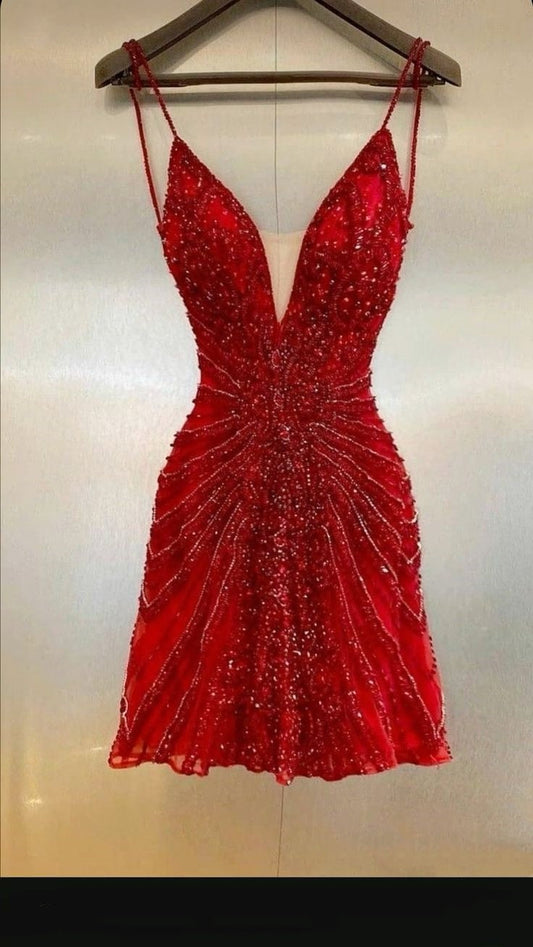 Bonito vestido rojo de verano con tirantes finos para adolescentes, vestido de fiesta para 16 cumpleaños, minivestido para 21 cumpleaños, vestidos de cóctel para mujer W0563