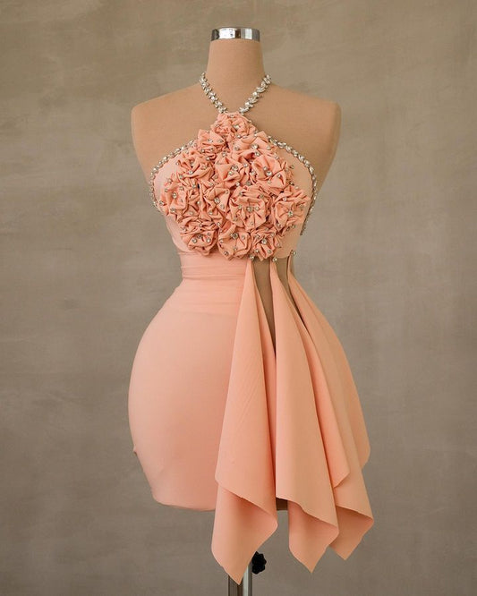 Bonito vestido de verano con cuello halter y escote halter en rosa ruborizado para adolescentes, vestido Hoco, minivestido para cumpleaños número 21, vestidos de cóctel para mujeres W0567