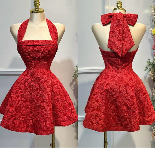 Hermoso vestido de verano con cuello halter y encaje floral burdeos para adolescentes, vestido Hoco, minivestido dorado para cumpleaños número 18, vestidos de cóctel para mujeres W0569