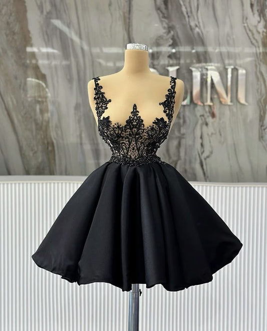 Hermoso vestido de fiesta corto de satén negro para fiesta de bienvenida, vestidos de verano para cóctel, trajes de cumpleaños W0571