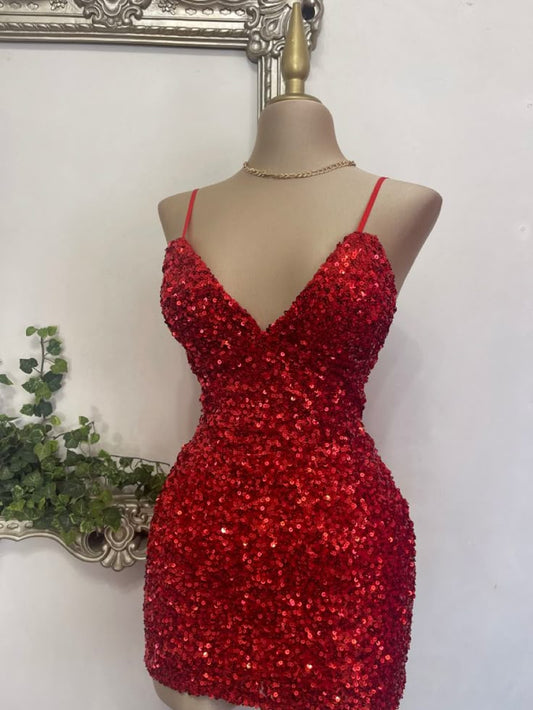 Vestido corto rojo con tirantes finos y lentejuelas para fiesta de verano, para escuela secundaria, cóctel, cumpleaños, W0577