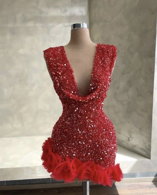 Vestido corto rojo con lentejuelas y escote en V para fiesta de bienvenida, vestido formal de verano para escuela secundaria, vestido de cóctel, atuendo de cumpleaños W0579
