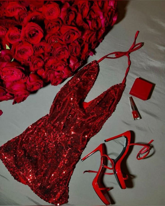Vestido corto rojo con lentejuelas y cuello halter para fiesta de verano, para escuela secundaria, cóctel, cumpleaños, W0581