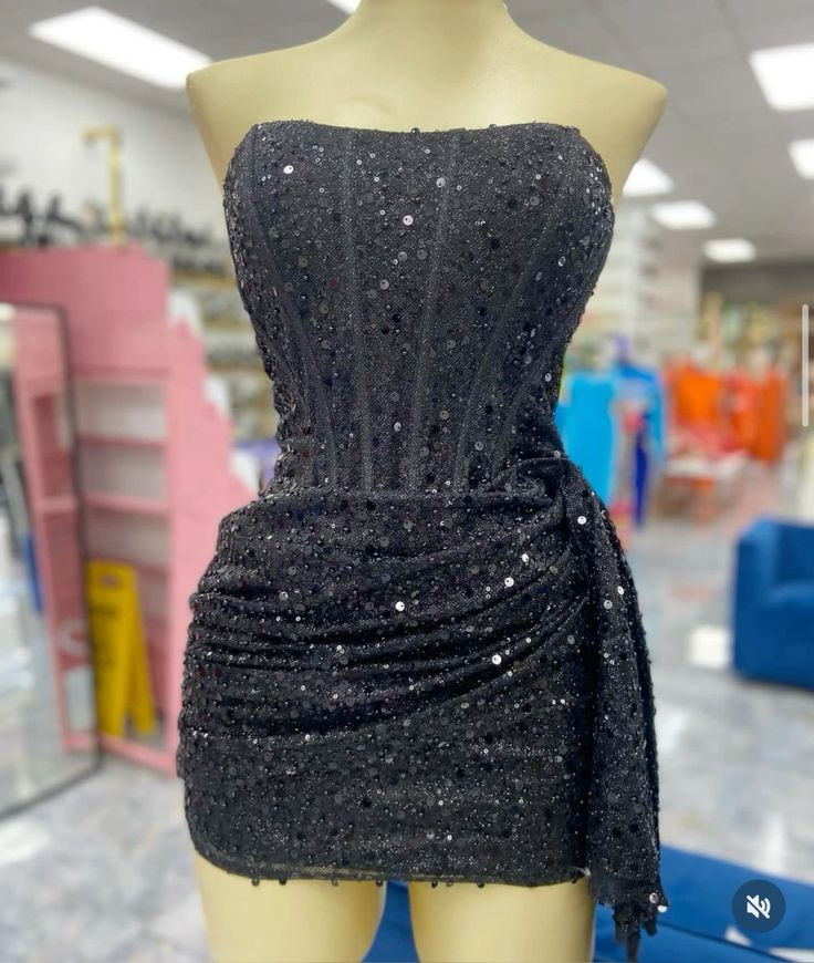 Vestido negro corto, moderno, sin tirantes, con lentejuelas, para fiesta de bienvenida, de verano, para escuela secundaria, cóctel, cumpleaños, W0586