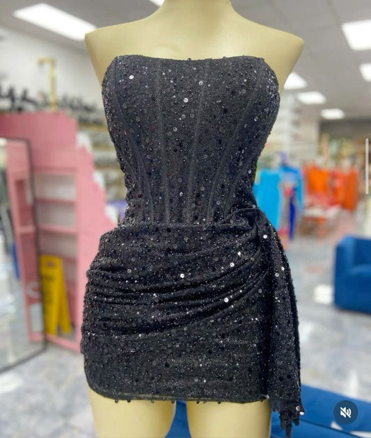 Vestido negro corto, moderno, sin tirantes, con lentejuelas, para fiesta de bienvenida, de verano, para escuela secundaria, cóctel, cumpleaños, W0586