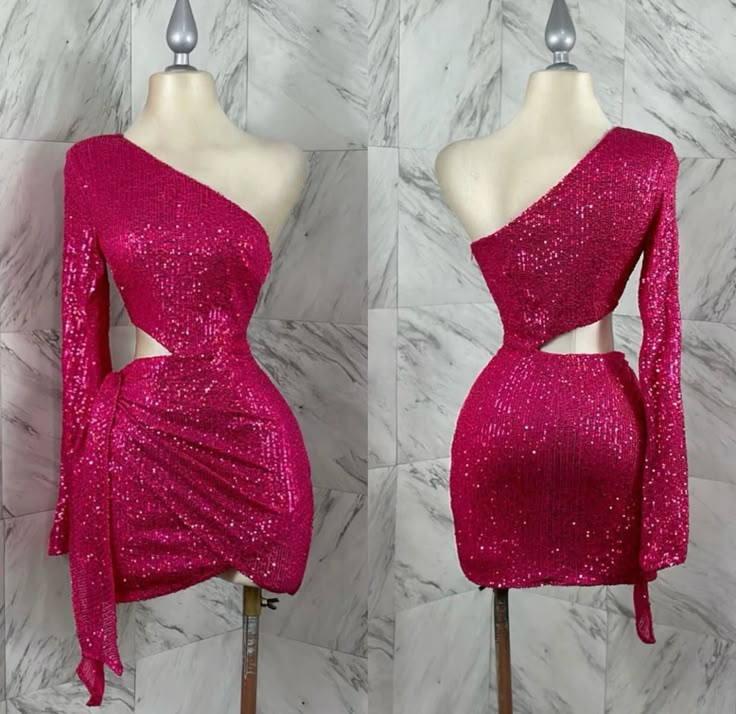 Vestido corto rosa intenso con lentejuelas y un hombro al descubierto para fiesta de bienvenida, de verano, para escuela secundaria, cóctel, cumpleaños, W0587
