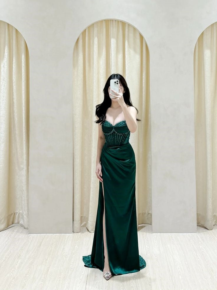Vestido de fiesta de sirena sexy con escote corazón, verde oscuro, con abertura y sin mangas, para verano, para cumpleaños, W0591