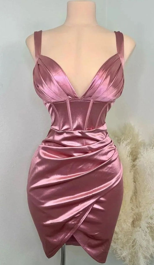 Vestido corto de satén rosa con tirantes finos para fiesta de 8.º grado, de verano, para escuela secundaria, cóctel, cumpleaños, W0596
