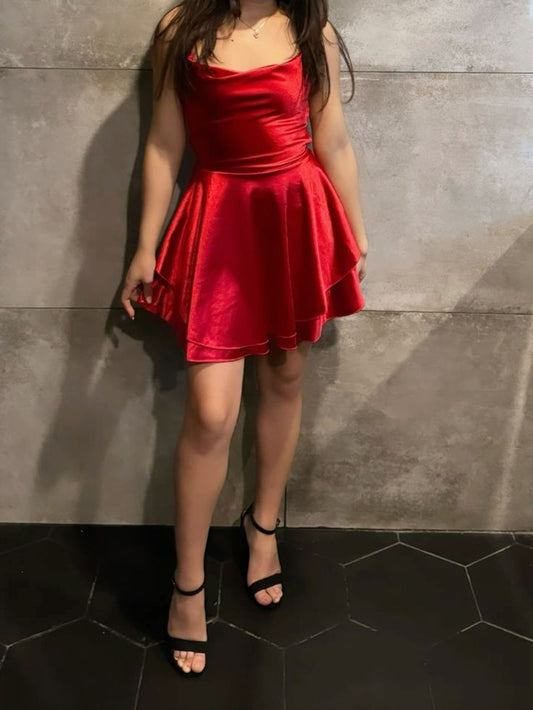 Vestido de fiesta rojo sin mangas, estilo formal, corto, de corte A y tirantes finos, para octavo grado, de verano, para escuela secundaria, cóctel, cumpleaños, W0612
