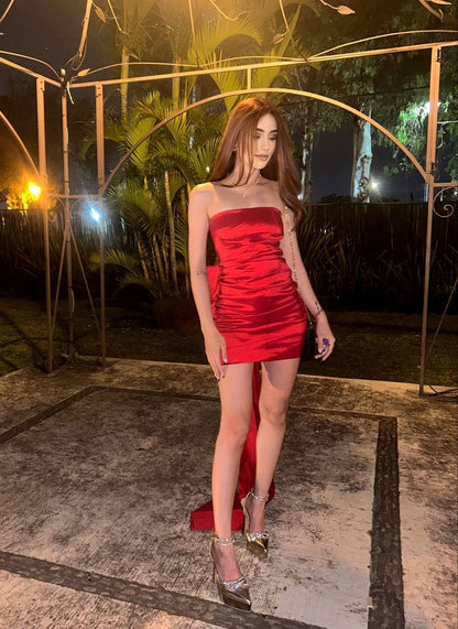 Vestido corto de satén rojo sin tirantes, bonito, para fiesta de verano, para escuela secundaria, cóctel, cumpleaños, W0614
