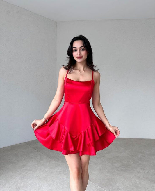 Vestido de fiesta rojo sin mangas, estilo formal, corto, de corte A y tirantes finos, para octavo grado, de verano, para escuela secundaria, cóctel, cumpleaños, W0620
