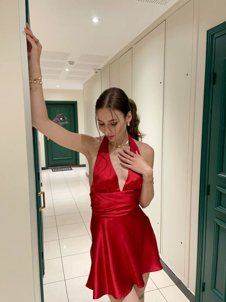 Vestido rojo corto con escote en V, corte A, sin espalda, para fiesta de verano, para escuela secundaria, formal, de cóctel, para cumpleaños, W0627