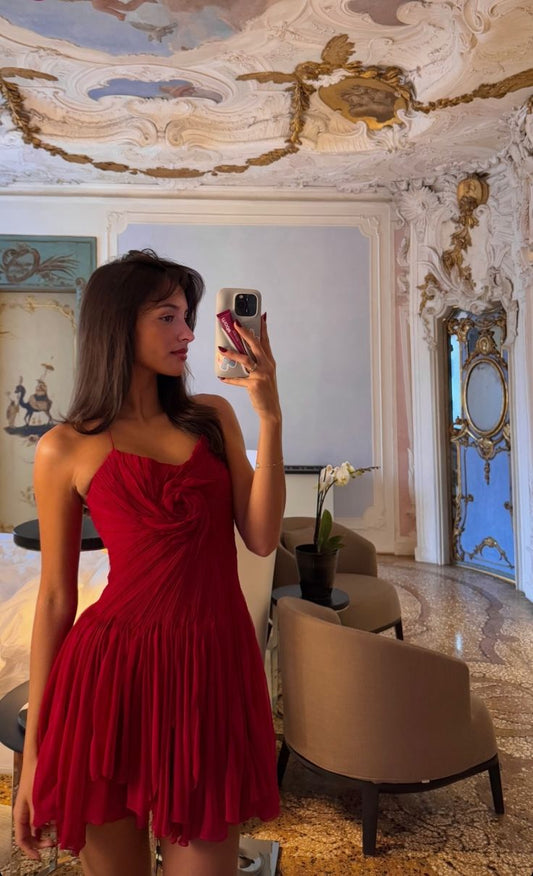 Vestido de fiesta de verano de gasa roja, sin mangas, estilo halter, estilo formal, corto, para octavo grado, para escuela secundaria, cóctel, cumpleaños, W0632