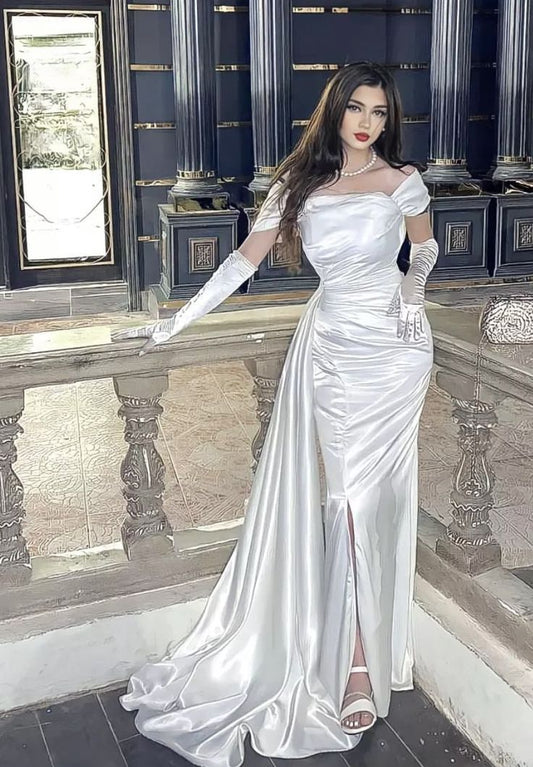 Vestido de fiesta largo con corte sirena, hombros descubiertos, blanco, con abertura, para invitada de boda de verano, W0671