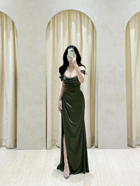 Vestido de fiesta largo con corte sirena, hombros descubiertos, verde, con abertura, para invitada de boda de verano, W0673