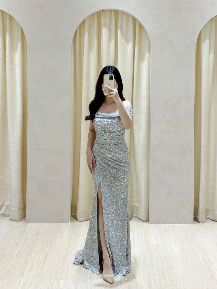 Vestido de fiesta largo con hombros descubiertos y lentejuelas plateadas, estilo sirena, elegante, para invitadas de boda de verano, W0676