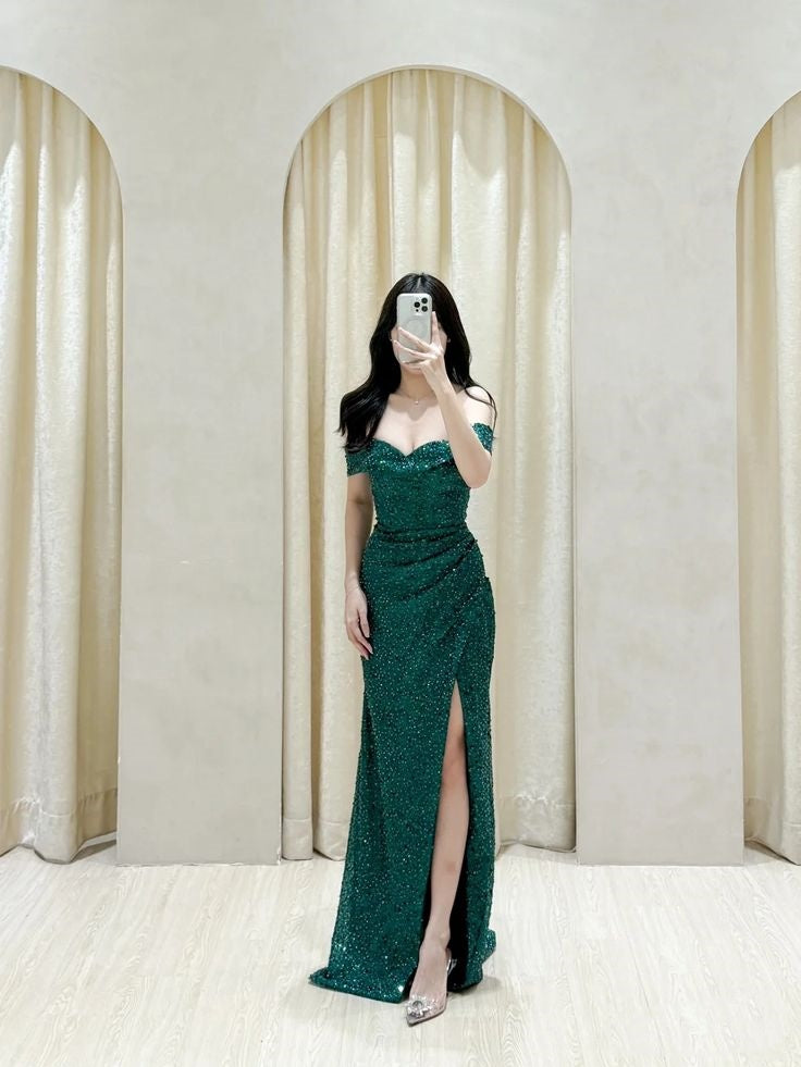 Vestido de fiesta largo con escote sirena, hombros descubiertos, lentejuelas verde oscuro, abertura, para invitada de boda de verano, W0678