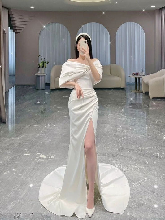 Vestido de novia vintage de sirena con hombros descubiertos, blanco, largo para playa, para verano, W0693