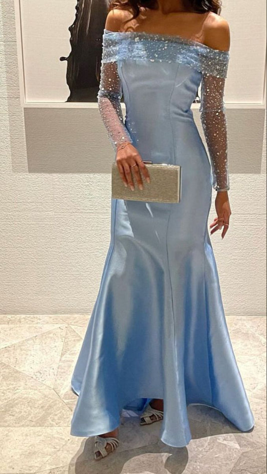 Vestido de fiesta elegante de sirena con hombros descubiertos y cuentas azules, vestido de verano para invitadas de boda, vestidos de novia para invitadas, trajes de boda para invitadas W0705
