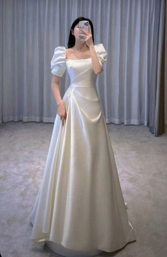 Vestido de novia vintage, corte A, escote cuadrado, manga corta, blanco, largo para playa, para verano, W0710