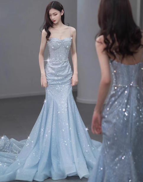 Vestido formal de sirena con tirantes finos y lentejuelas para 20 cumpleaños, vestido de fiesta sin espalda para 18 cumpleaños, W0713