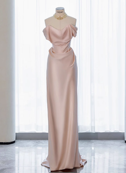 Vestido largo de satén rosa con hombros descubiertos y elegante vestido de fiesta formal de verano para invitadas de boda W0717