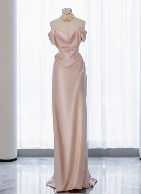 Vestido largo de satén rosa con hombros descubiertos y elegante vestido de fiesta formal de verano para invitadas de boda W0717