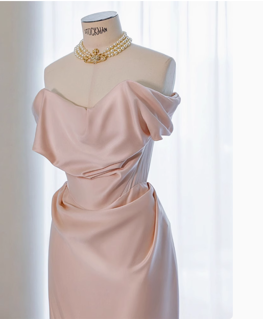 Vestido largo de satén rosa con hombros descubiertos y elegante vestido de fiesta formal de verano para invitadas de boda W0717