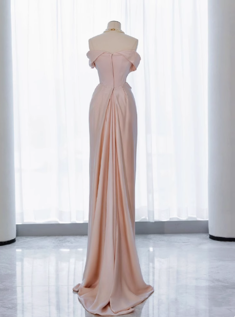 Vestido largo de satén rosa con hombros descubiertos y elegante vestido de fiesta formal de verano para invitadas de boda W0717