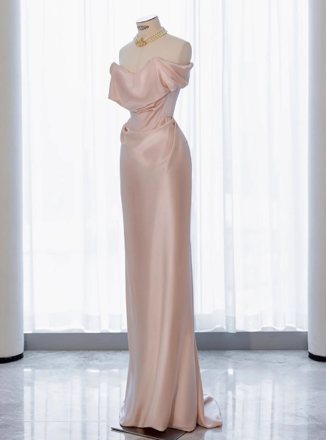 Vestido largo de satén rosa con hombros descubiertos y elegante vestido de fiesta formal de verano para invitadas de boda W0717