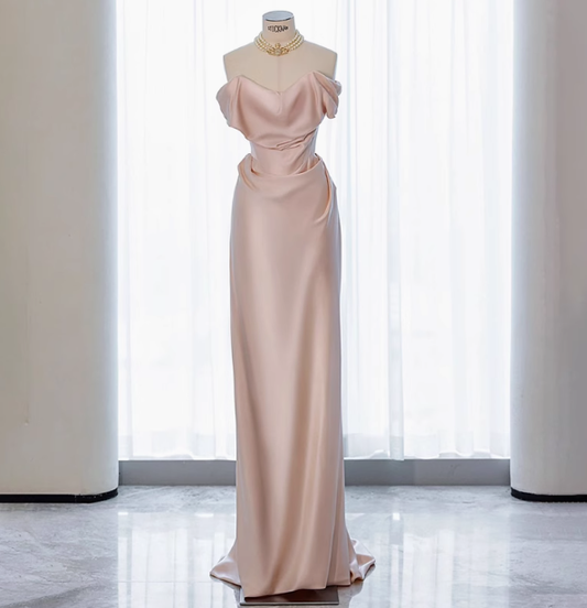 Vestido largo de satén rosa con hombros descubiertos y elegante vestido de fiesta formal de verano para invitadas de boda W0717